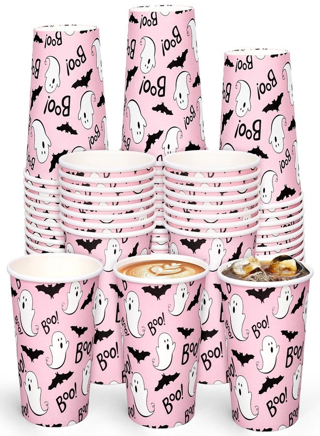 JarThenaAMCS 100Pcs Halloween Ghost Paper Cups 9oz Cute Ghost Bat Boo Pink Disposable Cups Party Cups for Hot Cold Drinks Beverage Halloween Party Supplies - Image 1